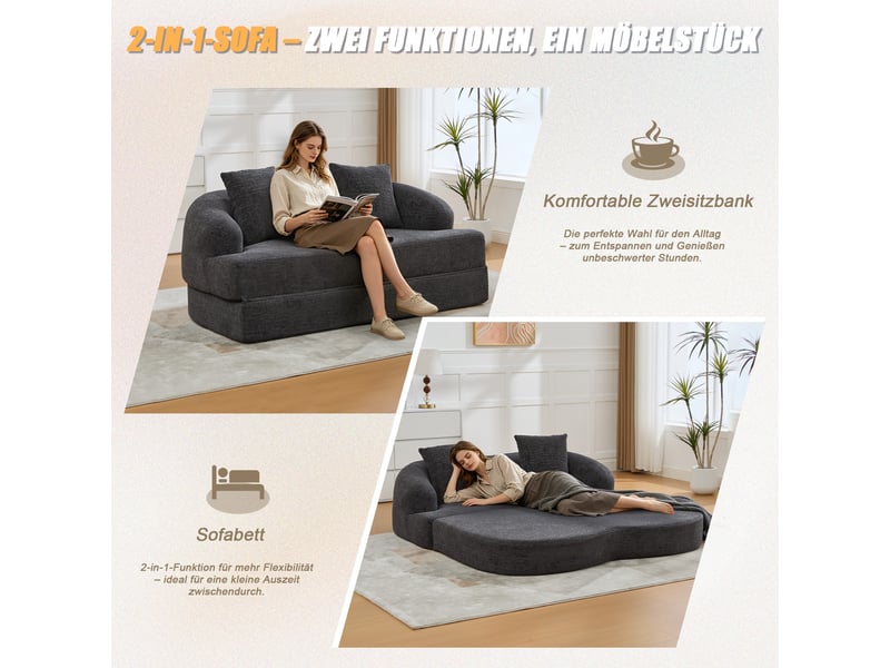  Canapé convertible, canapé-lit, en chenille, gris foncé, 2 en 1, pliable, mobilier pour espace de vie, pour salon et séjour  - Conforama D