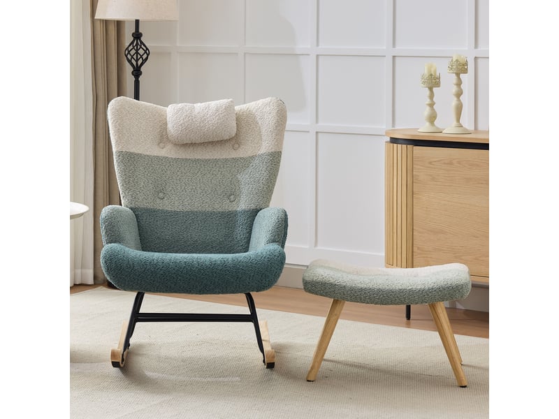  Fauteuil à bascule bouclette patchwork avec repose-pieds, dossier haut 60 cm, pieds en bois et métal, charge 100 kg  - Conforama D