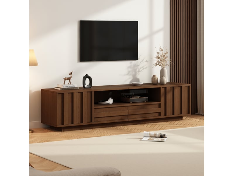  Meuble tv 180x40x45 cm avec 2 portes et 2 tiroirs, passages de câbles, en mdf couleur marron foncé  - Conforama E