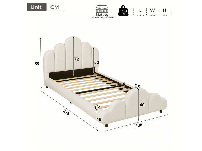 Lit enfant capitonné 90x200 cm, tête de lit rembourrée, coins arrondis, velours, beige - Conforama C