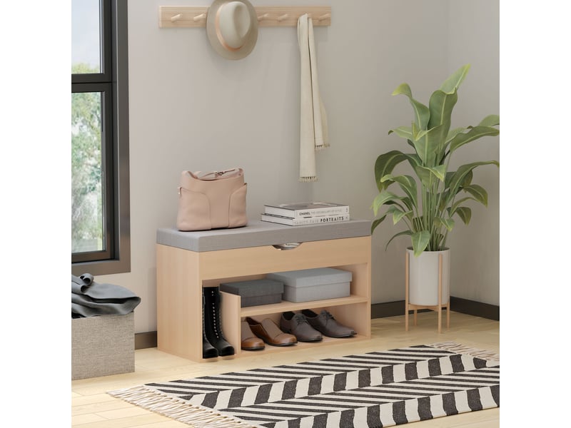  Meuble chaussures banc à chaussures 2 niveaux rangement, niche + coffre intégré avec coussin gris beige  - Conforama D
