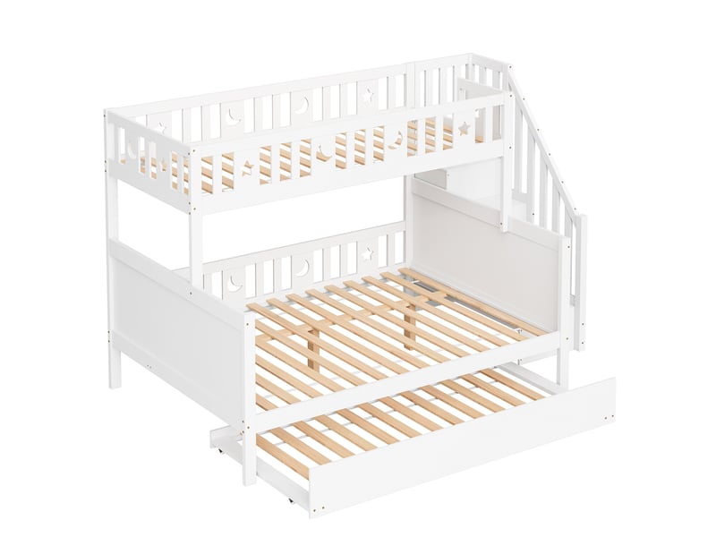 Lit superposé enfant avec escalier de rangement et lit gigogne, bois blanc, couchages 90x200 et 140x200 cm - Conforama R