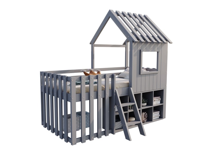 Lit cabane tcqpz enfant 90 x 200 cm avec toit, fenêtres, échelle et rangement ouvert sous le lit bois gris - Conforama A