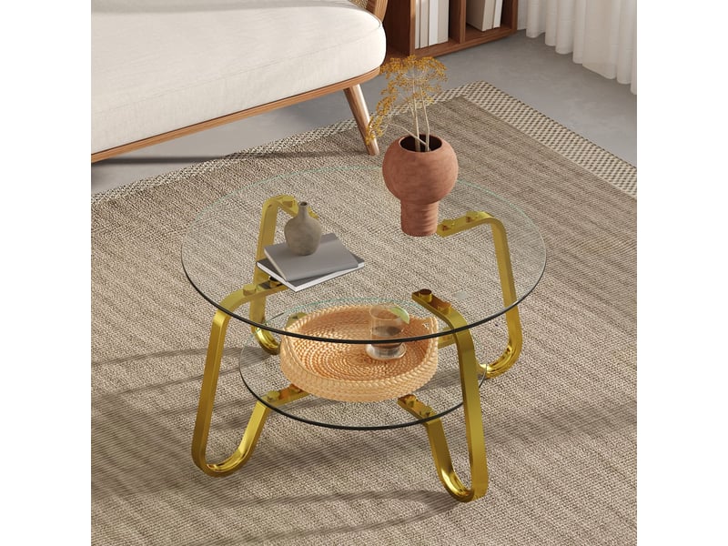  Table basse design élégant table de salon style rétro minimaliste cadre métal verre trempé double couche touche d'élégance  - Conforama B