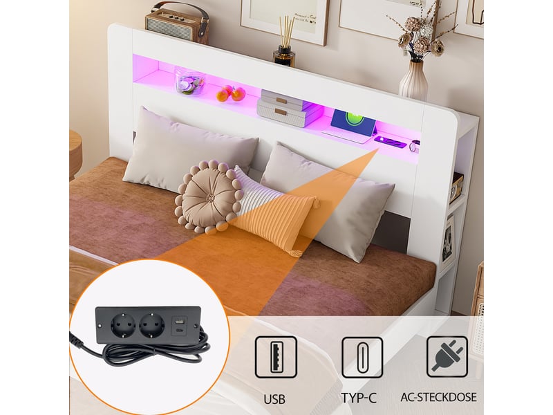  Lit plateforme 180x200 cm, cadre de lit, rangement, bois blanc, led  - Conforama E
