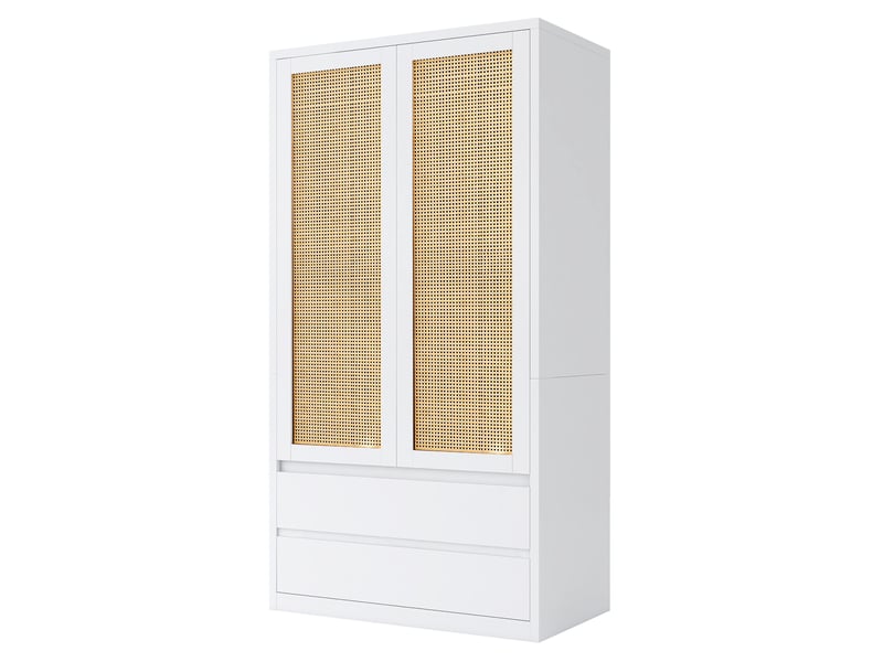  Armoire penderie de chambre 90x50x170 cm - 2 portes - 2 tiroirs - effet rotin - bois et bois reconstitué - blanc  - Conforama A