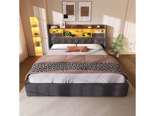 Lit coffre 140x200 cm - lit coffre double avec sommier et matelas, rangement hydraulique et ports usbtype-c, tête de lit led, lin et bois - gris