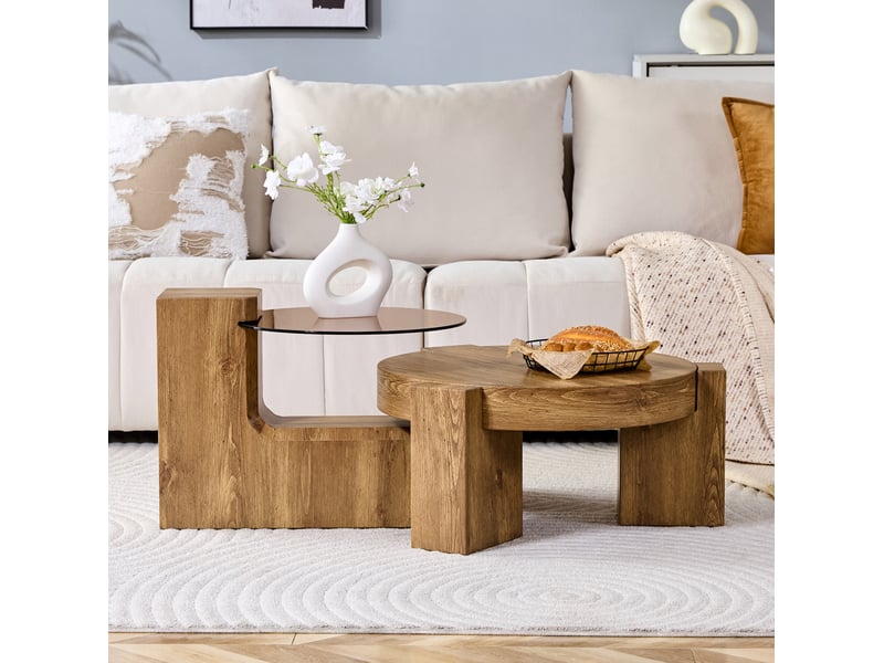  Set de tables basses gigognes rondes – mdf aspect chêne et verre teinté brun – ø 61 cm  - Conforama B