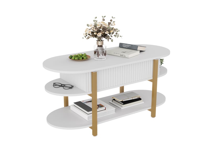  Table basse réglable en hauteur, plateau ovale, espace de rangement dissimulé, 106x50x45 cm, blanc  - Conforama A