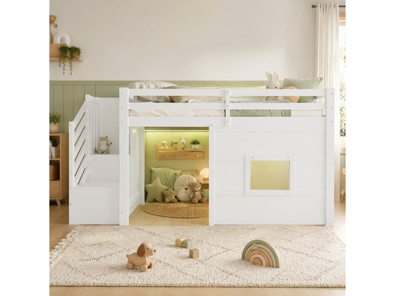  Lit mezzanine 90x200 cm avec escalier de rangement et fenêtre, blanc  - Conforama B