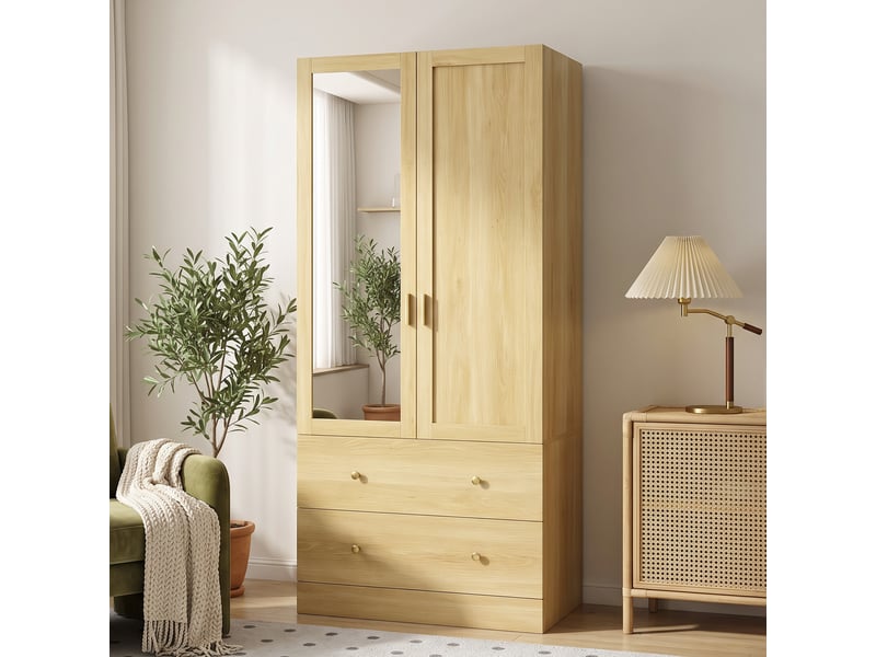  Armoire penderie design - miroir, 2 portes, 2 tiroirs - dim. 80 x 50 x 180 cm - doré naturel  - Conforama B