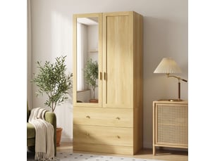 Armoire penderie design - miroir, 2 portes, 2 tiroirs - dim. 80 x 50 x 180 cm - doré naturel