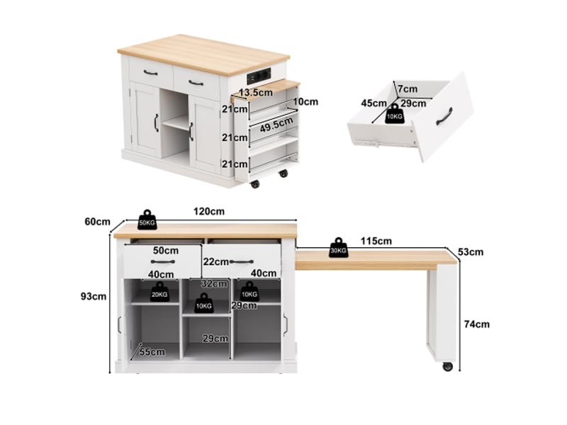 Îlot de cuisine avec table extensible, 2 portes et 2 tiroirs, blanc et chêne, 132(235)x70x90 cm - Conforama C