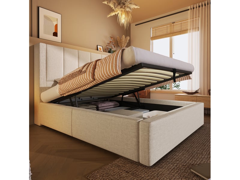 Lit coffre adulte 90x200 cm – beige – matelas inclus, rangement hydraulique, charge usb-c et porte-gobelet - Conforama B