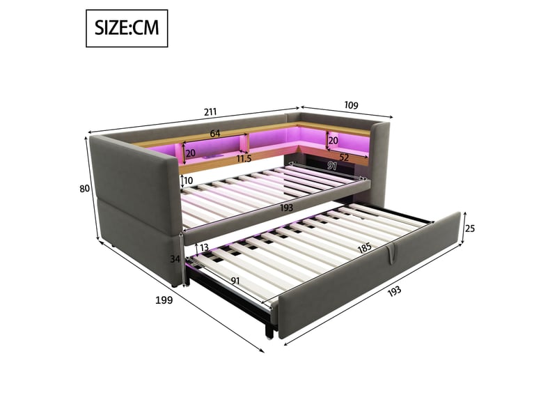  Canapé-lit extensible 90x190 cm et 180x190 cm avec led, prises et rangements mdf métal bois gris foncé sans matelas  - Conforama C