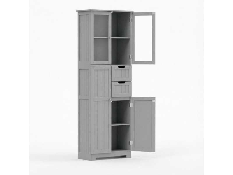  Colonne salle de bain sur pied, 4 portes dont 2 vitrées, 2 tiroirs, étagères réglables  - Conforama A