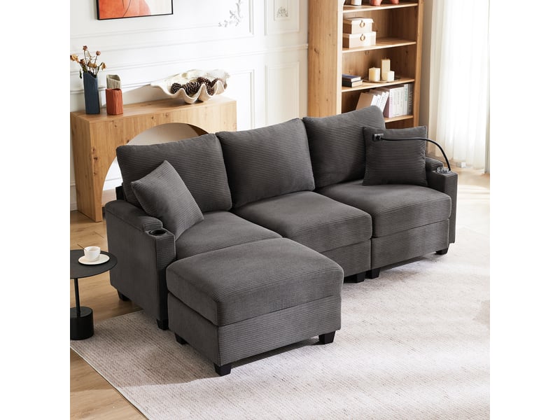 Canapé d’angle réversible 3 places 213,5x139 cm avec pouf, usb, porte-gobelet, rangements accoudoirs, 2 coussins - gris foncé - Conforama E
