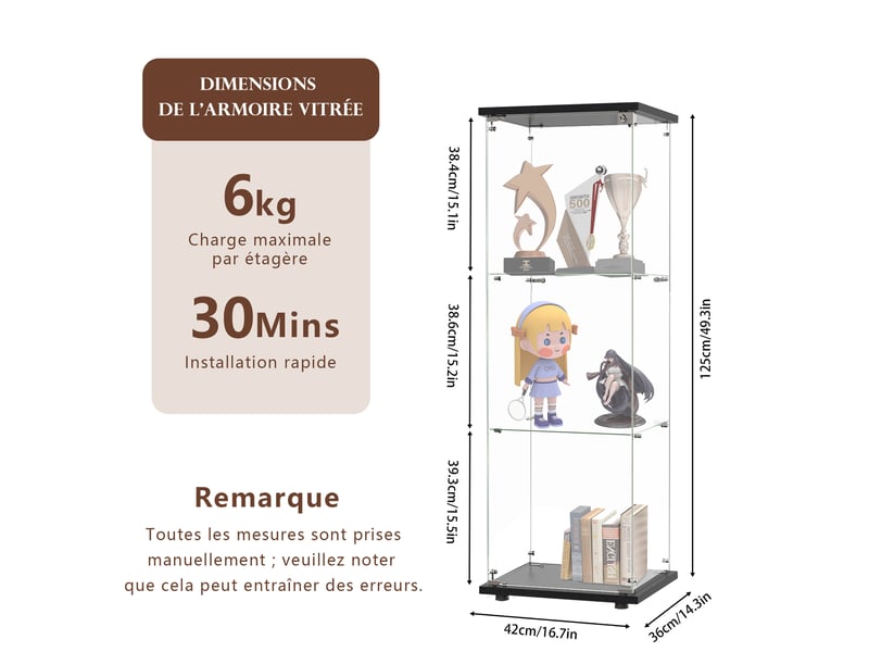  Vitrine en verre –vitrine armoire pour collection– meuble de rangement –1 porte 3 étagères– 42.5x36.5x125cm– noir  - Conforama C