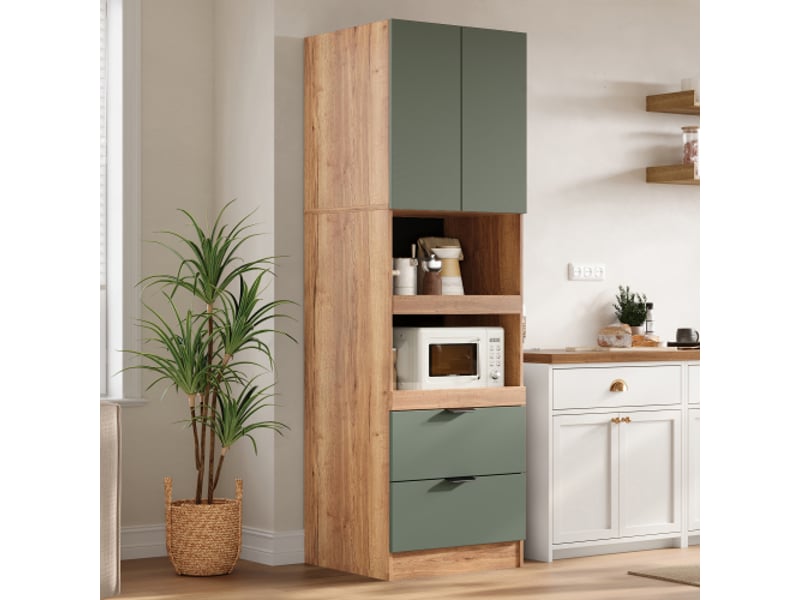  Buffet haut de cuisine 59,5x45x200 cm avec portes, tiroirs et rangements ouverts en mdf vert et aspect bois  - Conforama E