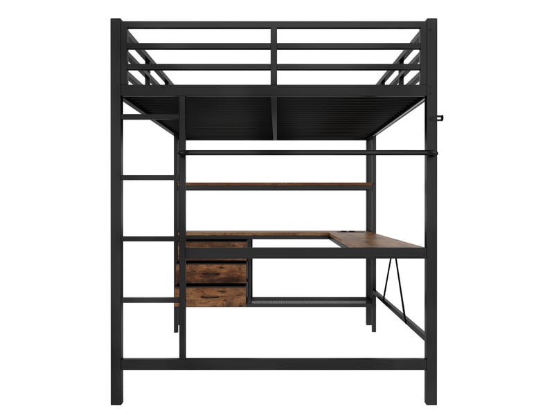  Lit mezzanine noir 140 × 200 cm, bureau, led, usb, 3 tiroirs et étagères  - Conforama D