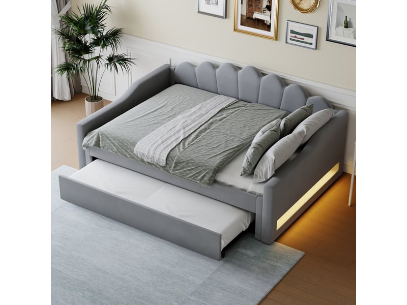  Lit banquette rembourré 140x200 cm avec led et lit gigogne, gris, cadre en bois robuste et confort moelleux  - Conforama C