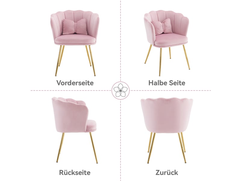 Chaises de salle à manger lot de 4 avec dossier pétale capitonné, coussins et pieds métalliques, velours rose - Conforama E