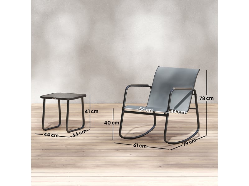  Ensemble de jardin 3 pièces avec 2 fauteuils à bascule, une table basse en verre et une structure en acier pour terrasse, gris  - Conforama E