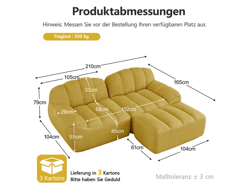  Canapé modulaire d'angle 210x165x79cm, sans structure, assise spacieux avec pouf, canapé comprimé, tissu bouclette, jaune  - Conforama C