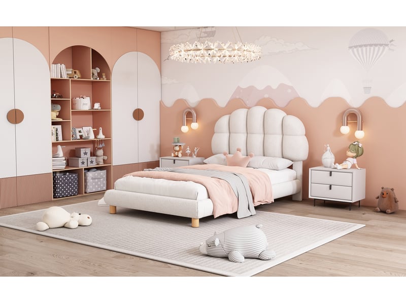 Lit 90x200 cm blanc en bouclette avec sommier à lattes et tête de lit réglable pour enfant adolescent et adulte Sol Morn - Conforama B