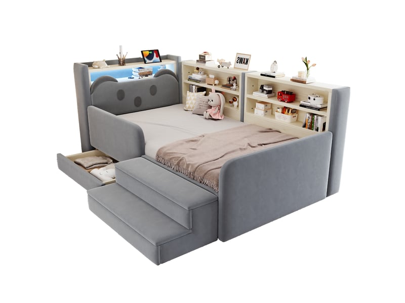  Lit enfant 90x200 cm rembourré en velours avec tête de lit rangement, tiroir, banc amovible, led et usb - beige  - Conforama A