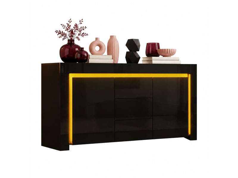  Buffet bas 140 x 40 x 65 cm noir, 2 portes, 3 tiroirs, led et étagères réglables  - Conforama A
