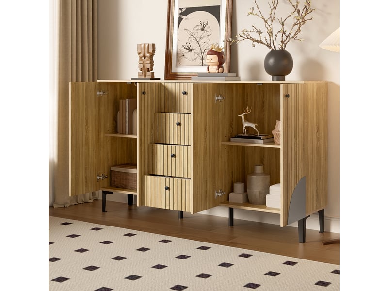 Buffet en bois clair meuble de rangement 4 portes 4 tiroirs 160x36x94 cm - Conforama D