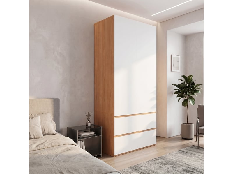  Armoire haute 90 x 50 x 200 cm, rangement supérieur, 2 portes, 1 tringle à vêtements, 2 tiroirs, chêneblanc Bliss Lite - Conforama D