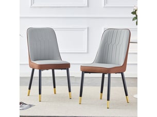Lot de 2 chaises de salle à manger modernes et épurées, dossier en similicuir bicolore (gris clair et marron), pieds noirs en métal, pour cuisine et salon.