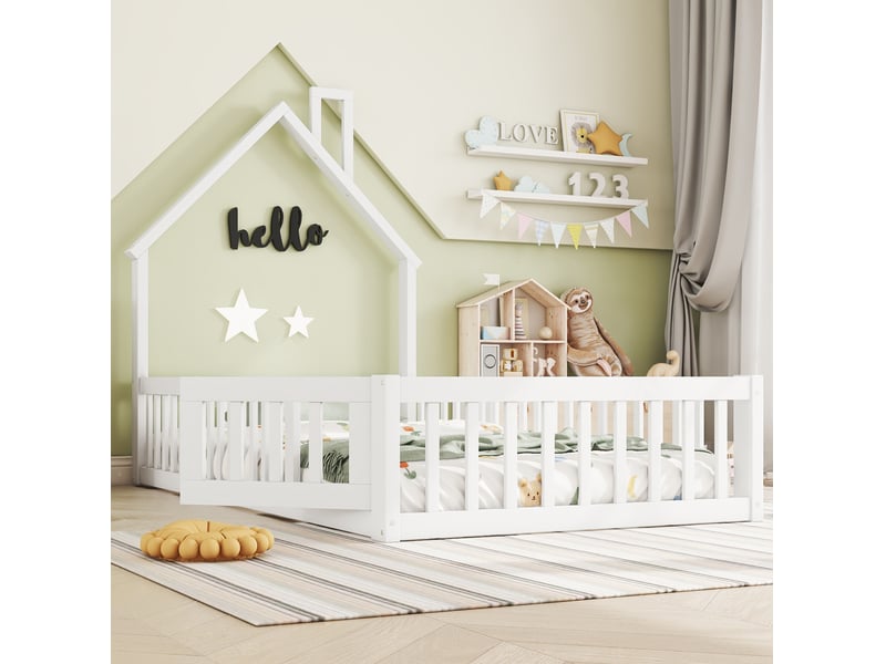  Lit enfant cabane 90x200 cm avec sommier à lattes et barrières blanc  - Conforama E