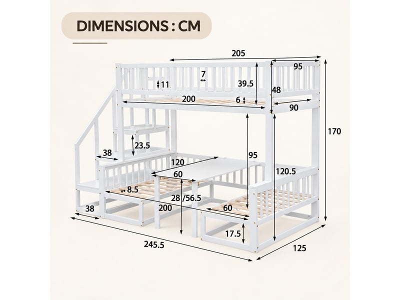  Lit superposé 90x200 et 120x200 cm avec escalier, table convertible, banquette bois et cadre pin, blanc  - Conforama C