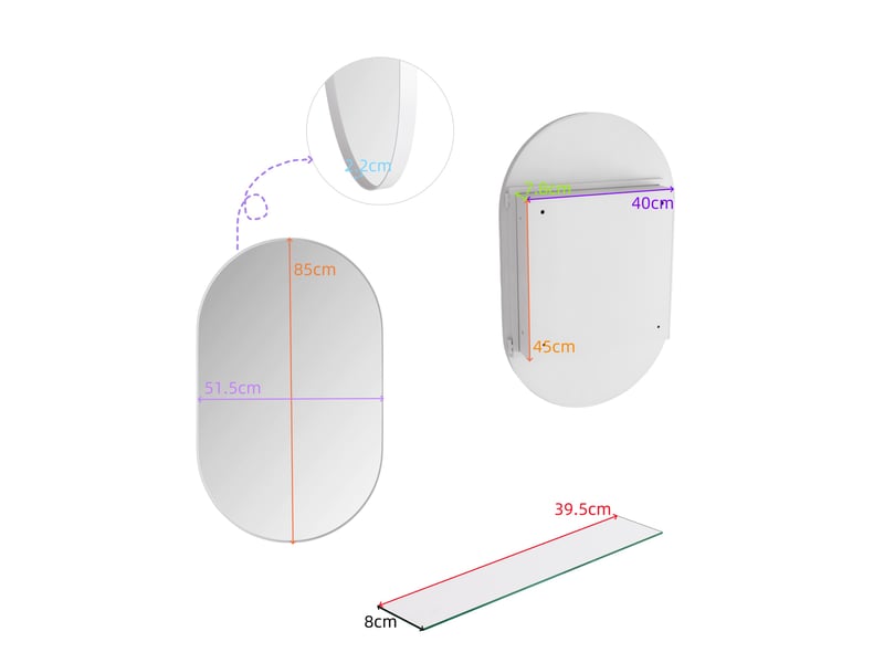  Armoire de toilette miroir ovale 85x51,5x12 cm, pose murale ou encastrée, métal et verre, blanc  - Conforama C