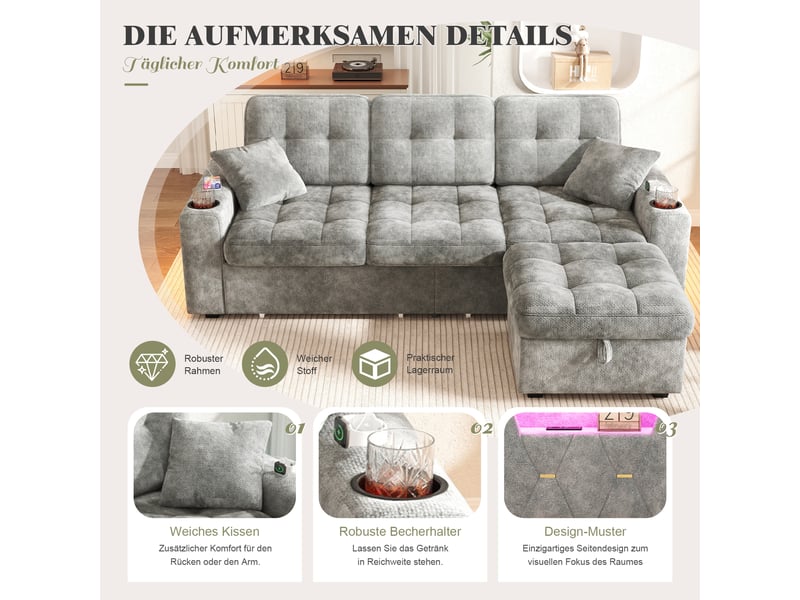  Canapé d'angle 3 places 194,5 x 133 x 83 cm, pouf coffre mobile, 2 tiroirs, ports usb-c, porte-gobelets, éclairage led, chenille, gris foncé Morn Vibe - Conforama D