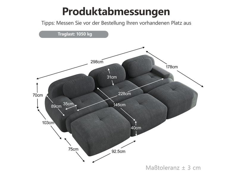  Canapé modulaire 3 places avec 3 poufs en velours côtelé gris  - Conforama E