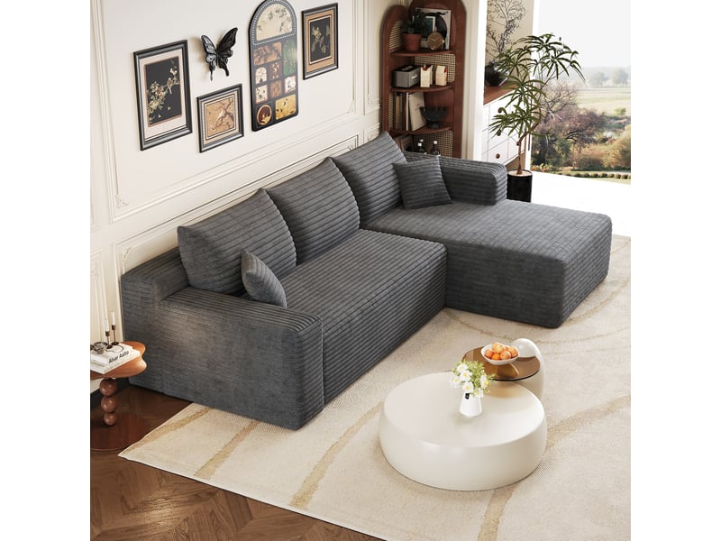  Canapé d'angle droit en l canapé modulable canapé compressé 3 places canapé nuage en velours côtelé avec accoudoirs - gris  - Conforama D