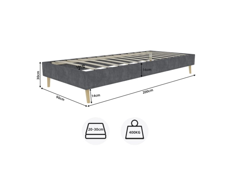 Lit enfant 90x200 cm, sans tête de lit, en tissu et métal, gris, sans matelas - Conforama C