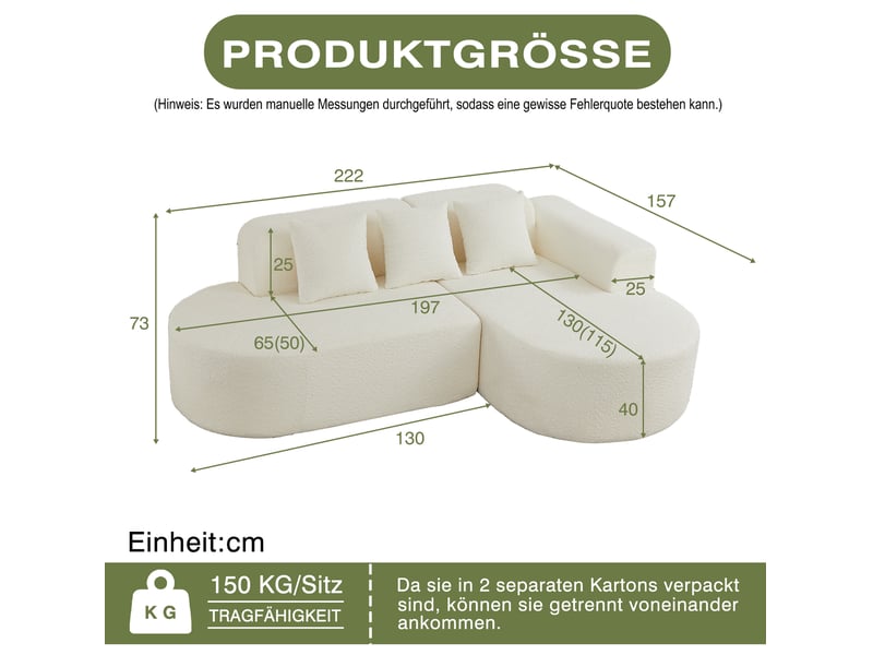  Canapé d'angle droit 3 places 222x157x73 cm crème en tissu chenille, 3 coussins de dossier, design arrondi  - Conforama C