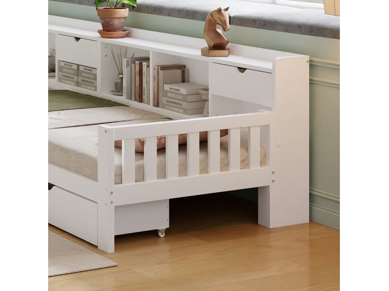 Lit double enfant en l 2 x 90 x 200 cm blanc, étagères, petits tiroirs et trois grands tiroirs sous les couchages - Conforama E