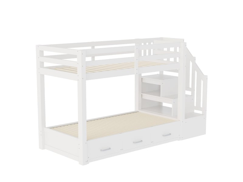  Lit superposé 90x200 cm avec lit tirant 90x190 cm blanc échelle rangement tiroirs sommier  - Conforama A