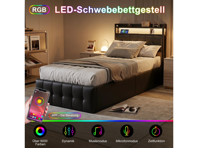  Lit coffre 90x200 avec led et usb, lit simple avec espace de rangement hydraulique cadre de lit rembourré avec tete de lit lits 1 place pour adolescent et chambre d'amis noir pu, sans matelas  - Conforama D