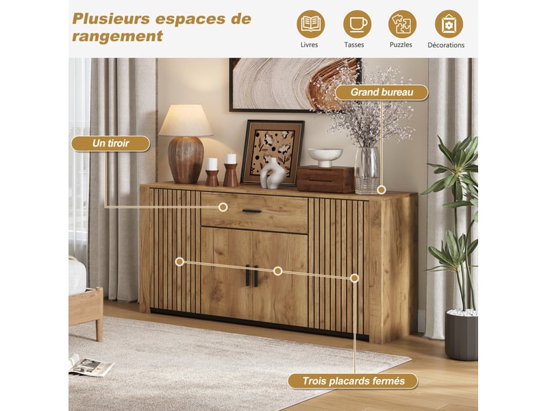  Buffet 160 x 40 x 75 cm – bois clair – 4 portes, 1 tiroir et étagères réglables pour salon et salle à manger  - Conforama E