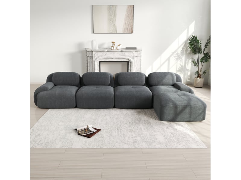  Canapé d’angle modulable 4 places en velours côtelé gris avec méridienne  - Conforama C