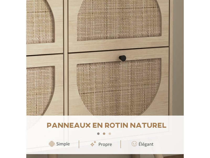  Meuble à chaussures 4 portes abattantes style bohème - façades motif semi-circulaire rotin - pieds bois aspect chêne clair  - Conforama D