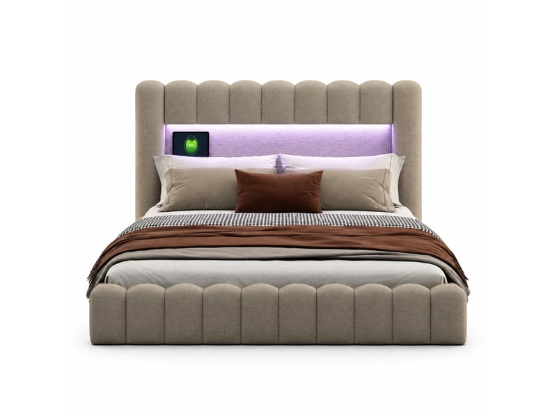  Lit coffre 180x200cm, lit double avec rangement hydraulique, lit led avec usb ports,cadre de lit avec sommier à latte,beige lit adulte en lin capitonné  - Conforama A