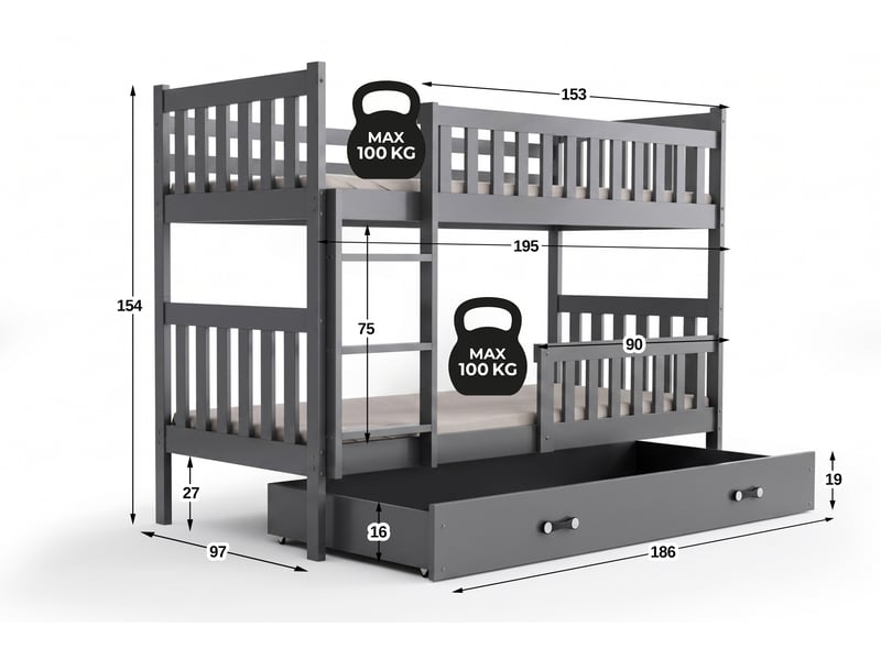 Lit superposé séparable 90x190 cm quba interbeds - bois massif de pin avec barrière, sommier, tiroir – gris - Conforama R
